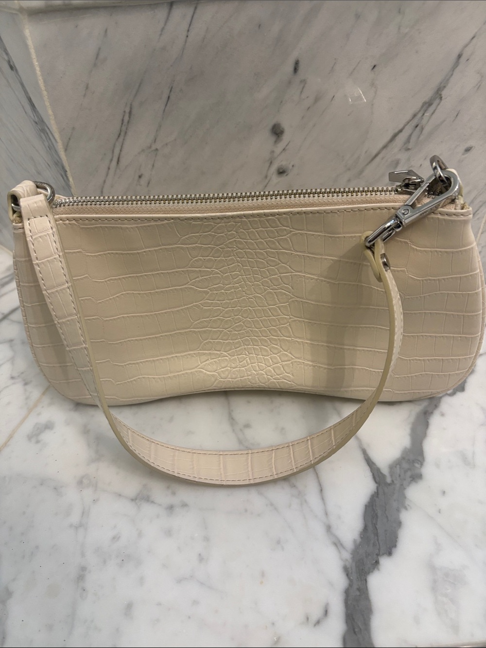 Cream Croc-Embossed Leather Shoulder Bag